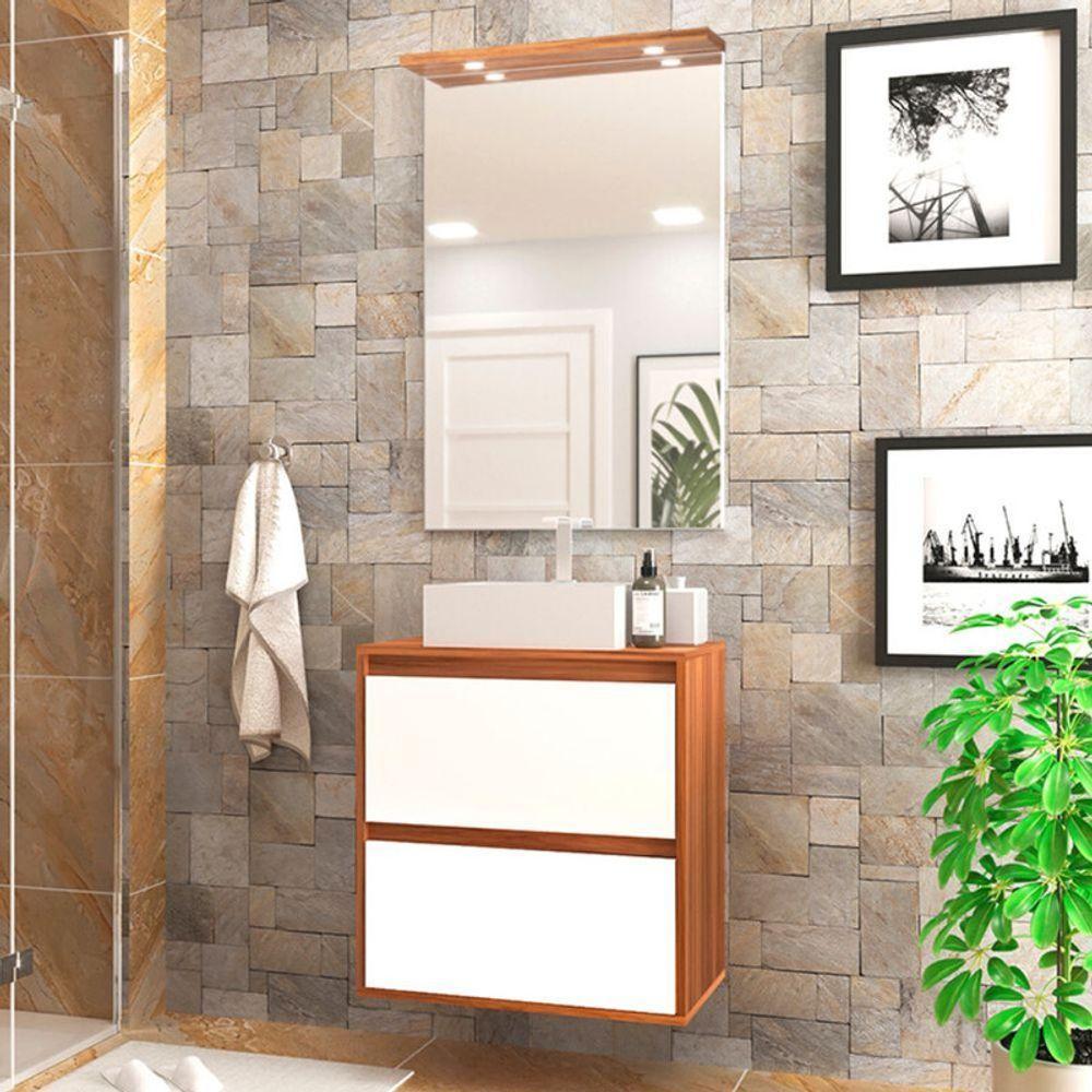 Gabinete Para Banheiro Com Cuba E Espelheira Com Led 60cm Mdf Freijo Com Branco Dubai - On Móveis - 1