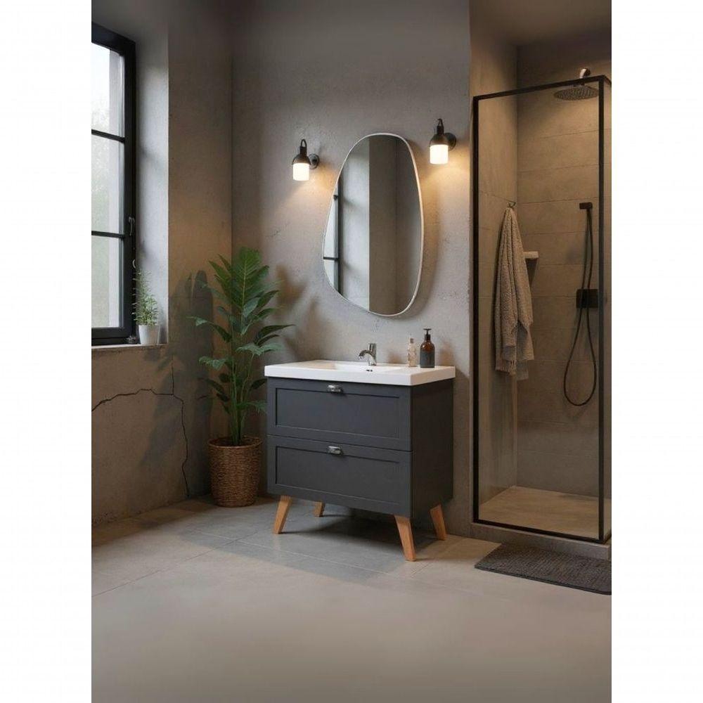 Gabinete Para Banheiro Com Cuba E Espelho Organico 80cm Retro Mdf Grafite Milano - On Móveis - 1