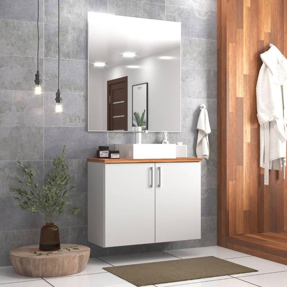 Gabinete Para Banheiro Com Cuba E Espelho 80cm Mdf Freijo Com Branco Paris - On Móveis - 1