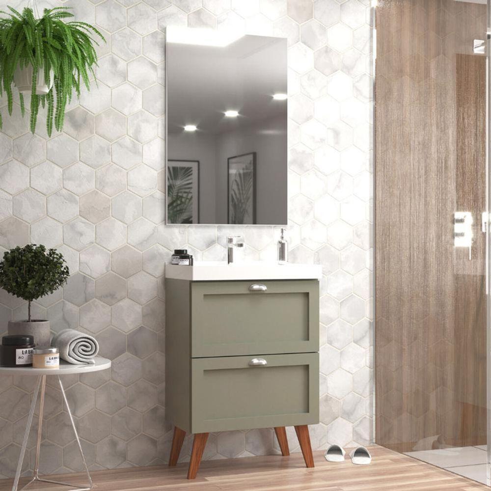Gabinete Para Banheiro Com Cuba E Espelho 60cm Retro Mdf Verde Milano - On Móveis - 1