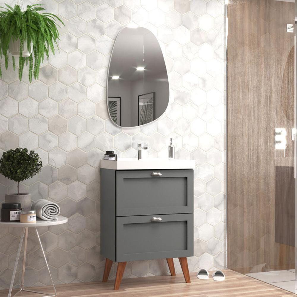 Gabinete Para Banheiro Com Cuba E Espelho Organico 60cm Retro Mdf Grafite Milano - On Móveis - 1