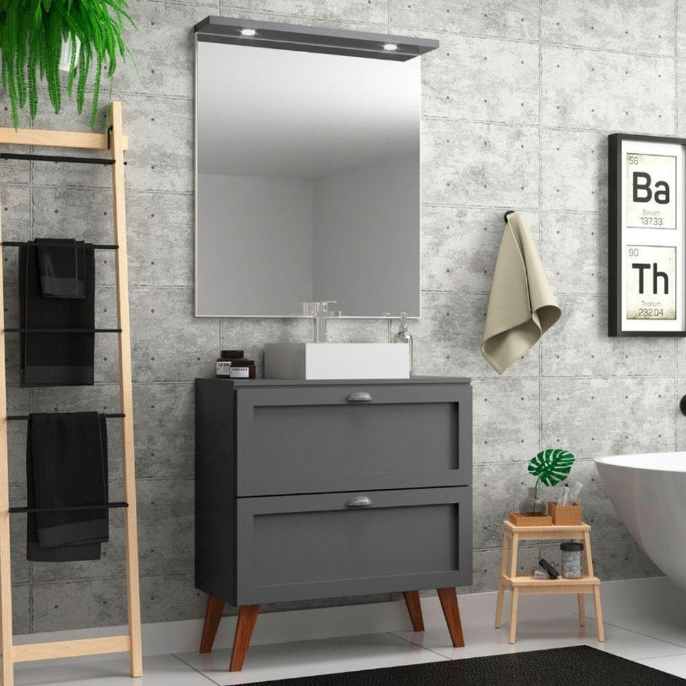 Gabinete Para Banheiro Com Tampo Cuba E Espelho 80cm Retro Mdf Grafite Milano - On Móveis - 1