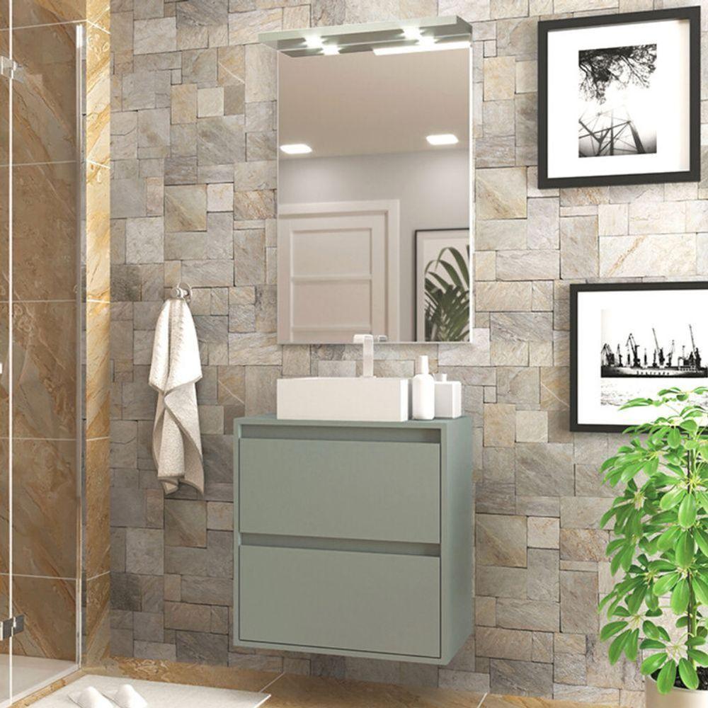 Gabinete Para Banheiro Com Cuba E Espelheira Com Led 60cm Mdf Verde Dubai - On Móveis - 1