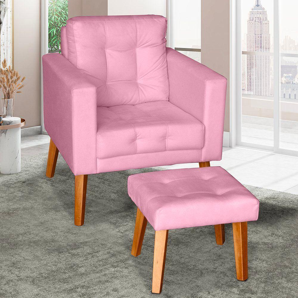 Sofá/poltrona/cadeira Decorativa Glamour Dubai Com Puff E Pés Em Madeira Rosê - 2