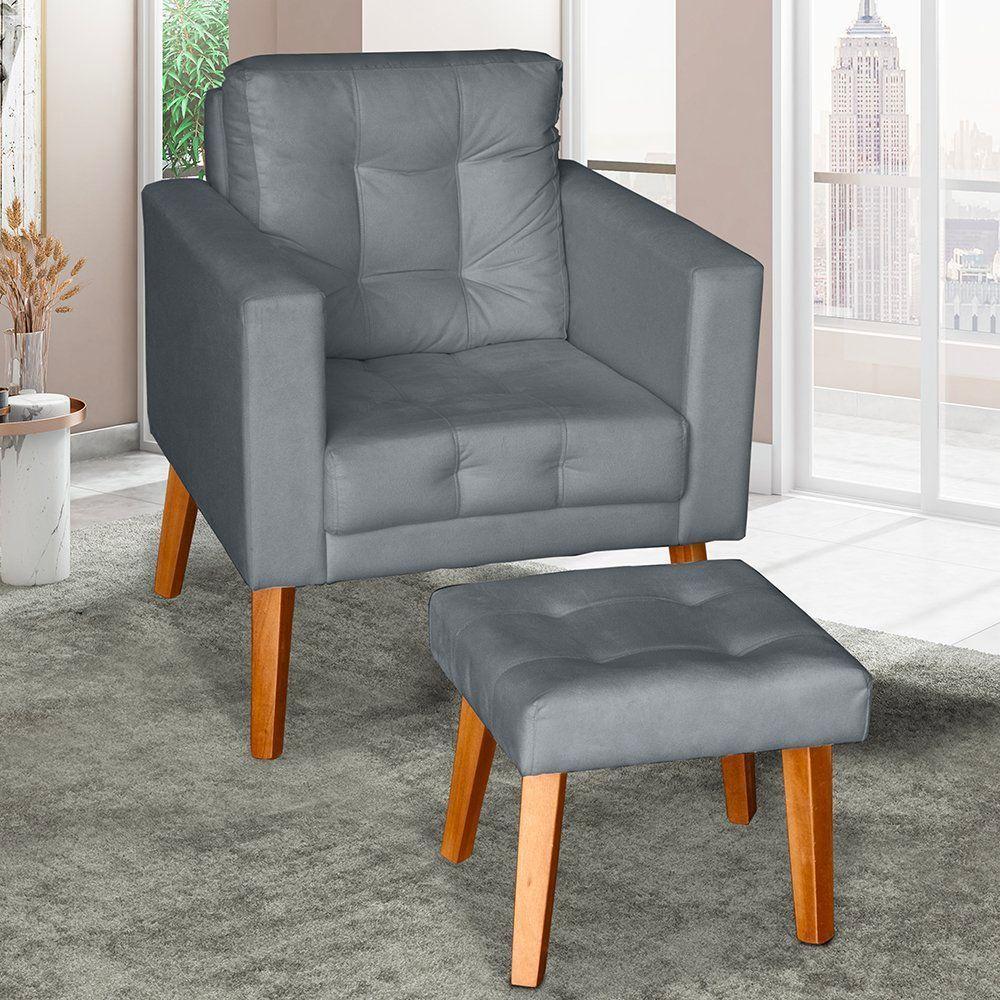 Sofá/poltrona/cadeira Decorativa Glamour Dubai Com Puff E Pés Em Madeira Cinza - 1