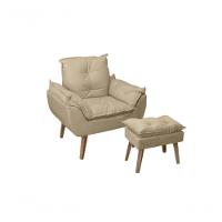 Poltrona/cadeira Decorativa E Puff Glamour Opala Com Pés Quadrado Bege Linho - 1