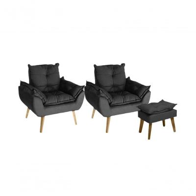 Kit 02 Poltrona/cadeira Decorativa E Puff Glamour Opala Com Pés Quadrado Preto