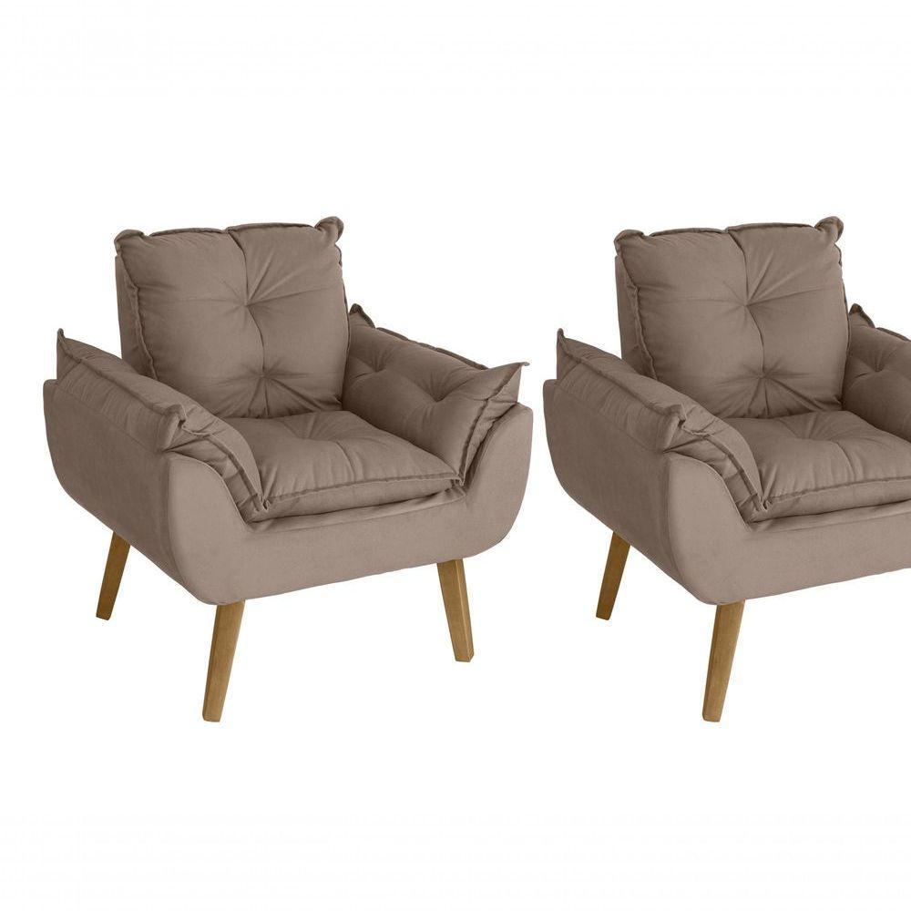 Kit 02 Poltrona/cadeira Decorativa E Puff Glamour Opala Com Pés Quadrado Capuccino - 4