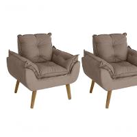 Kit 02 Poltrona/cadeira Decorativa E Puff Glamour Opala Com Pés Quadrado Capuccino