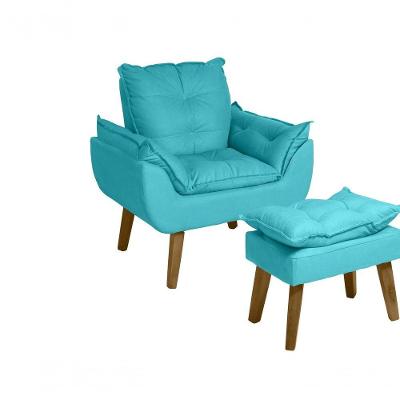 Poltrona/cadeira Decorativa E Puff Glamour Opala Com Pés Quadrado Azul Turquesa