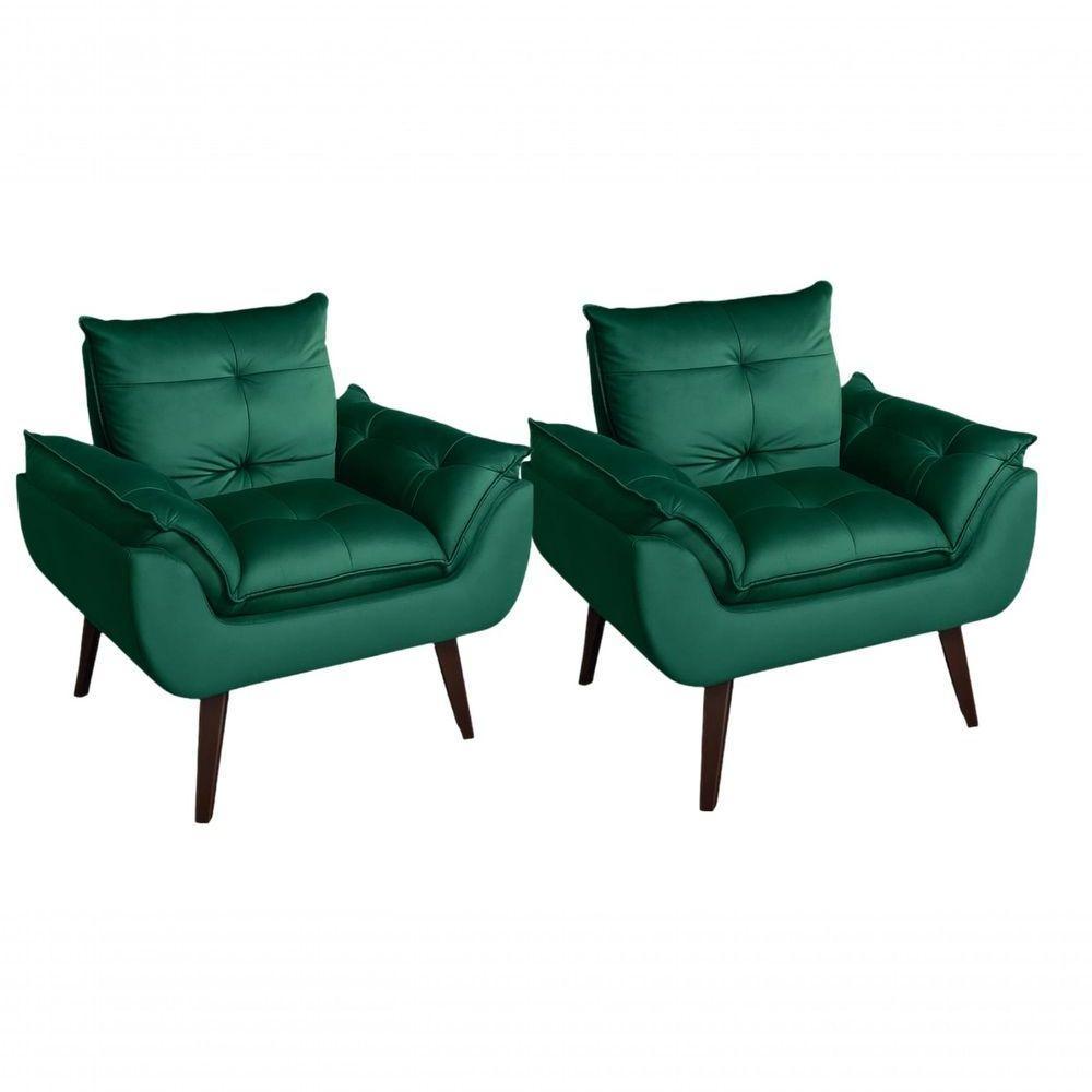 Kit 02 Poltrona/cadeira Decorativa Glamour Opala Com Pés Quadrado Verde - 1