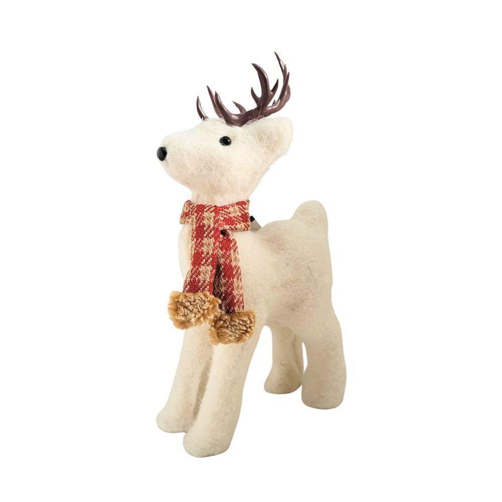 Rena Decorativa Natalina Em Pé Pelúcia Creme Com Cachecol Xadrez Vermelho E Marrom 24x12cm - 1