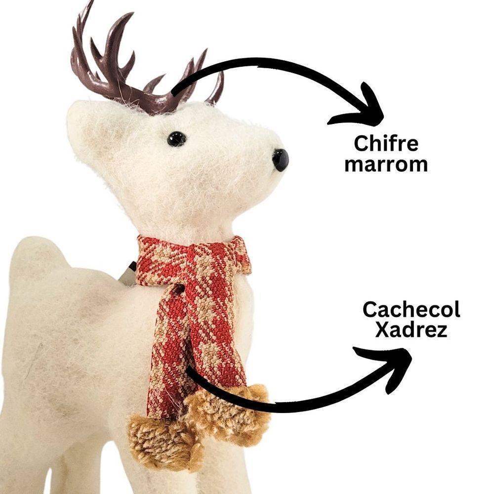 Rena Decorativa Natalina Em Pé Pelúcia Creme Com Cachecol Xadrez Vermelho E Marrom 24x12cm - 3