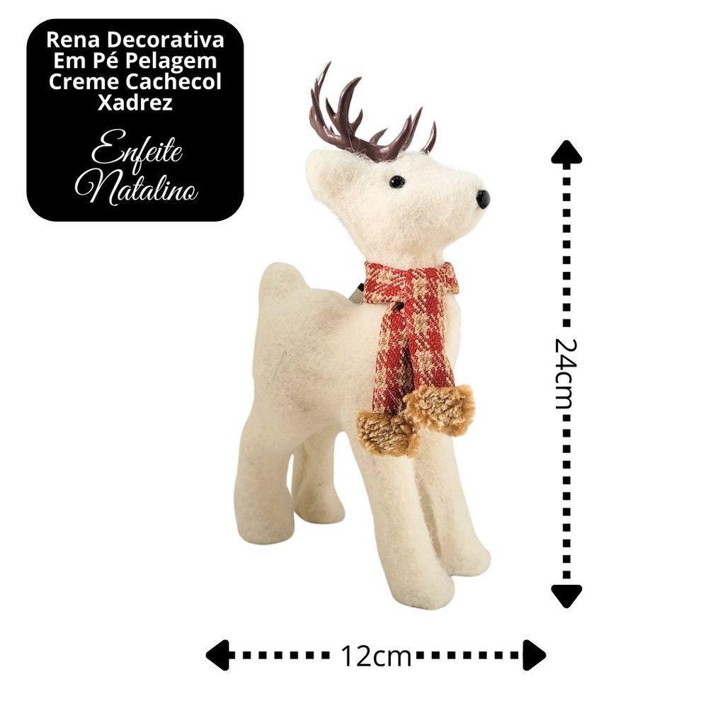 Rena Decorativa Natalina Em Pé Pelúcia Creme Com Cachecol Xadrez Vermelho E Marrom 24x12cm - 4