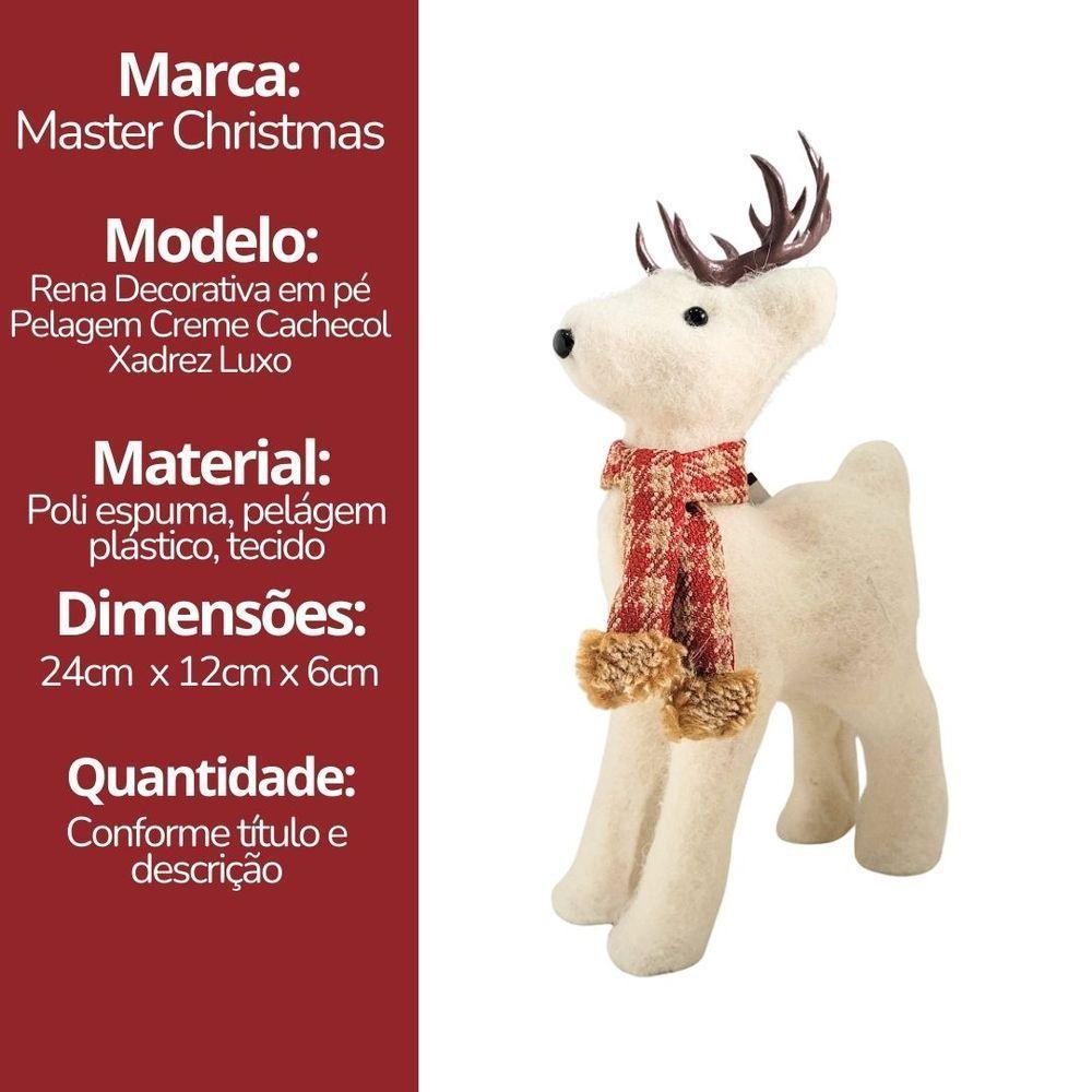 Rena Decorativa Natalina Em Pé Pelúcia Creme Com Cachecol Xadrez Vermelho E Marrom 24x12cm - 6