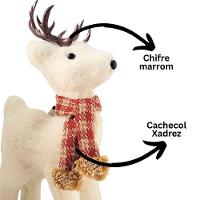 Rena Decorativa Natalina Em Pé Pelúcia Creme Com Cachecol Xadrez Vermelho E Marrom 24x12cm - 3