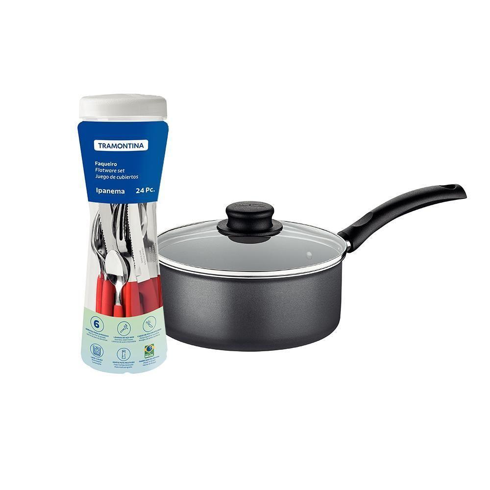 Panela Turim Alumínio Chumbo Antiaderente 1,4l Ptc + Faqueiro Ipanema Vermelho 24pc - Tramontina - 1