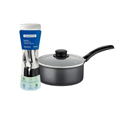 Kit Panela Turim Alumínio Antiaderente 1,4L Chumbo Ptc com Faqueiro Ipanema Preto 24 Peças