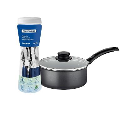 Kit Panela Turim Alumínio Antiaderente 1,4L Chumbo 16cm com Faqueiro Ipanema Azul Tramontina