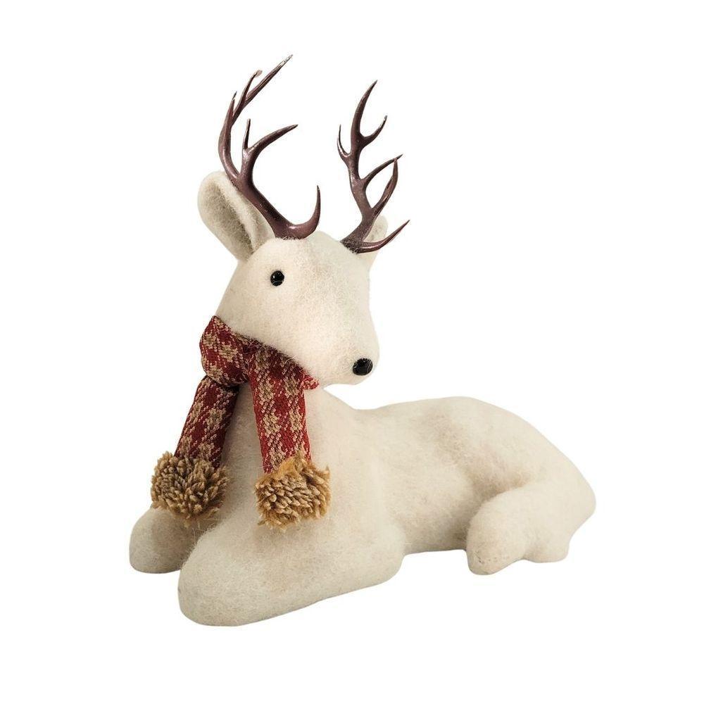 Rena Decorativa Natalina Em Pelúcia Creme Deitada Com Cachecol Xadrez Vermelho E Marrom 24x27cm - 1