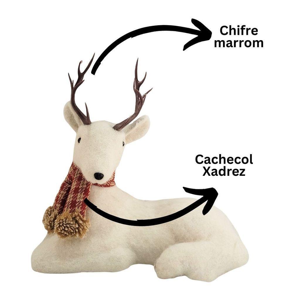 Rena Decorativa Natalina Em Pelúcia Creme Deitada Com Cachecol Xadrez Vermelho E Marrom 24x27cm - 3