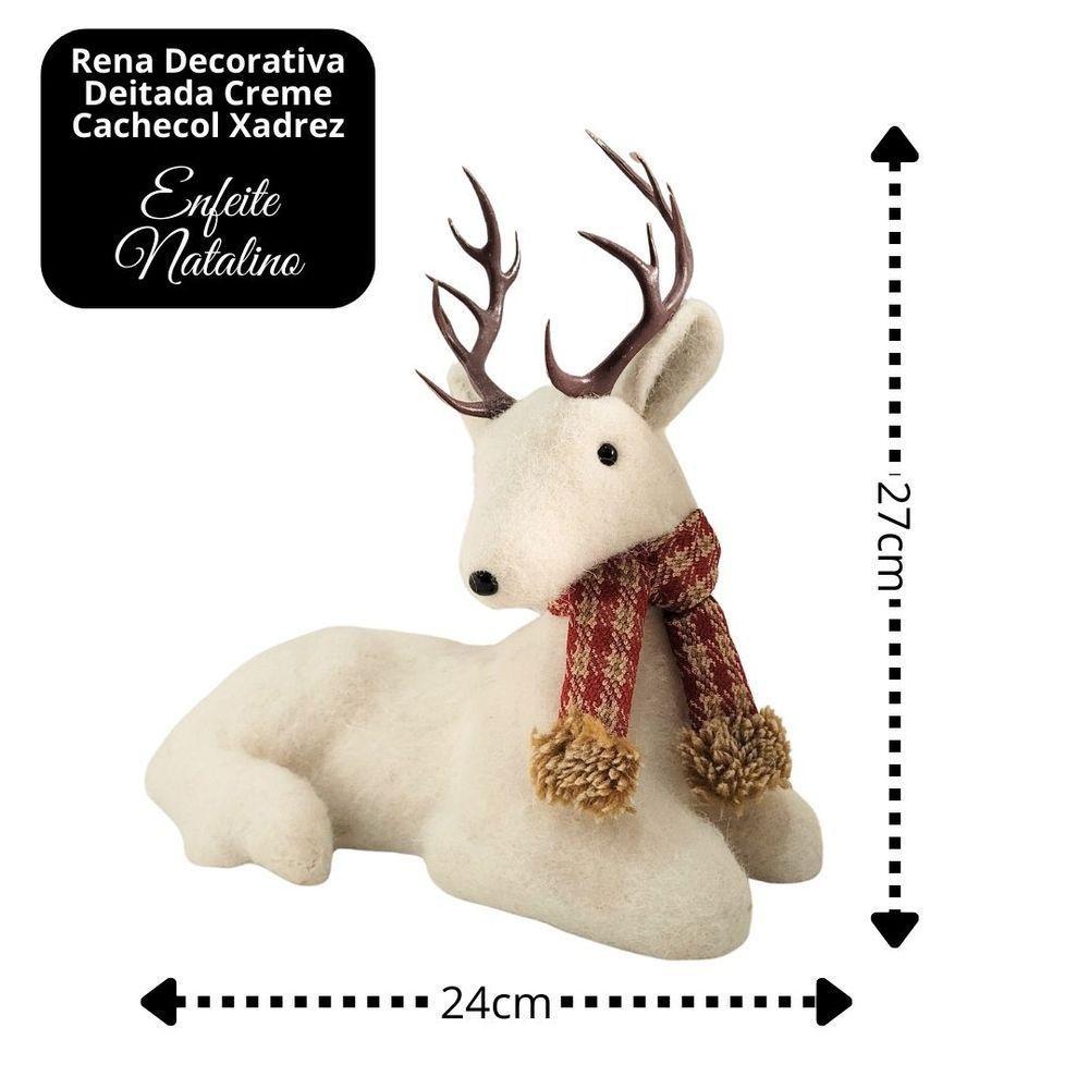 Rena Decorativa Natalina Em Pelúcia Creme Deitada Com Cachecol Xadrez Vermelho E Marrom 24x27cm - 4