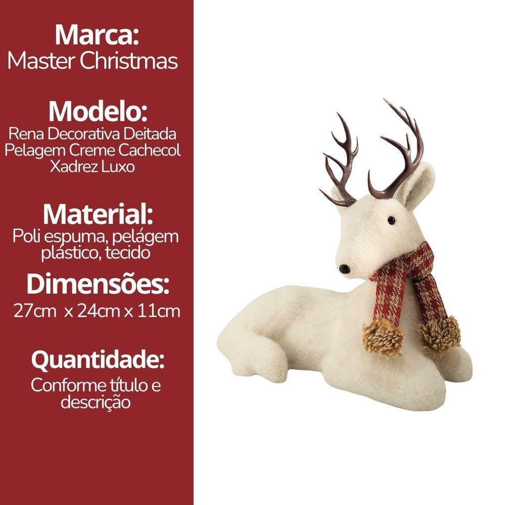 Rena Decorativa Natalina Em Pelúcia Creme Deitada Com Cachecol Xadrez Vermelho E Marrom 24x27cm - 5