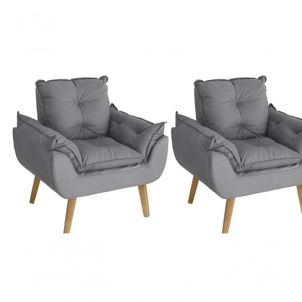 Kit 02 Poltrona/cadeira Decorativa Glamour Opala Com Pés Quadrado Cinza - 1