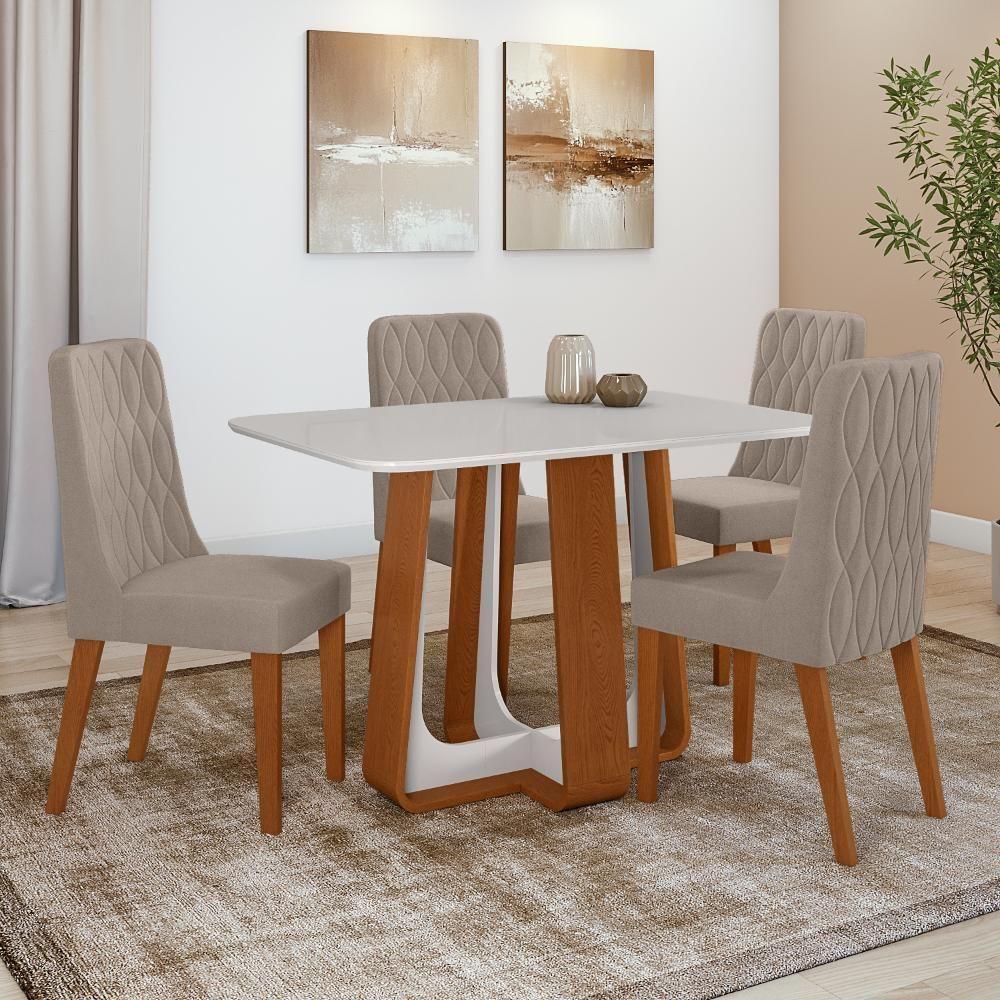 Conjunto Sala De Jantar Mesa Easy Pop 120x80cm Tampo Vidro/mdf Com 4 Cadeiras Seat Suede Animale Bege Frassino/off White - 1