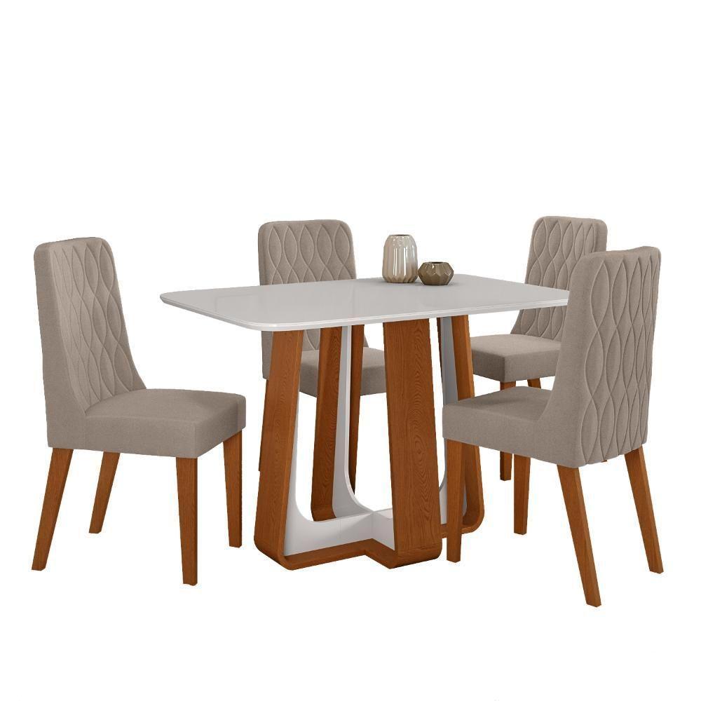 Conjunto Sala De Jantar Mesa Easy Pop 120x80cm Tampo Vidro/mdf Com 4 Cadeiras Seat Suede Animale Bege Frassino/off White - 4