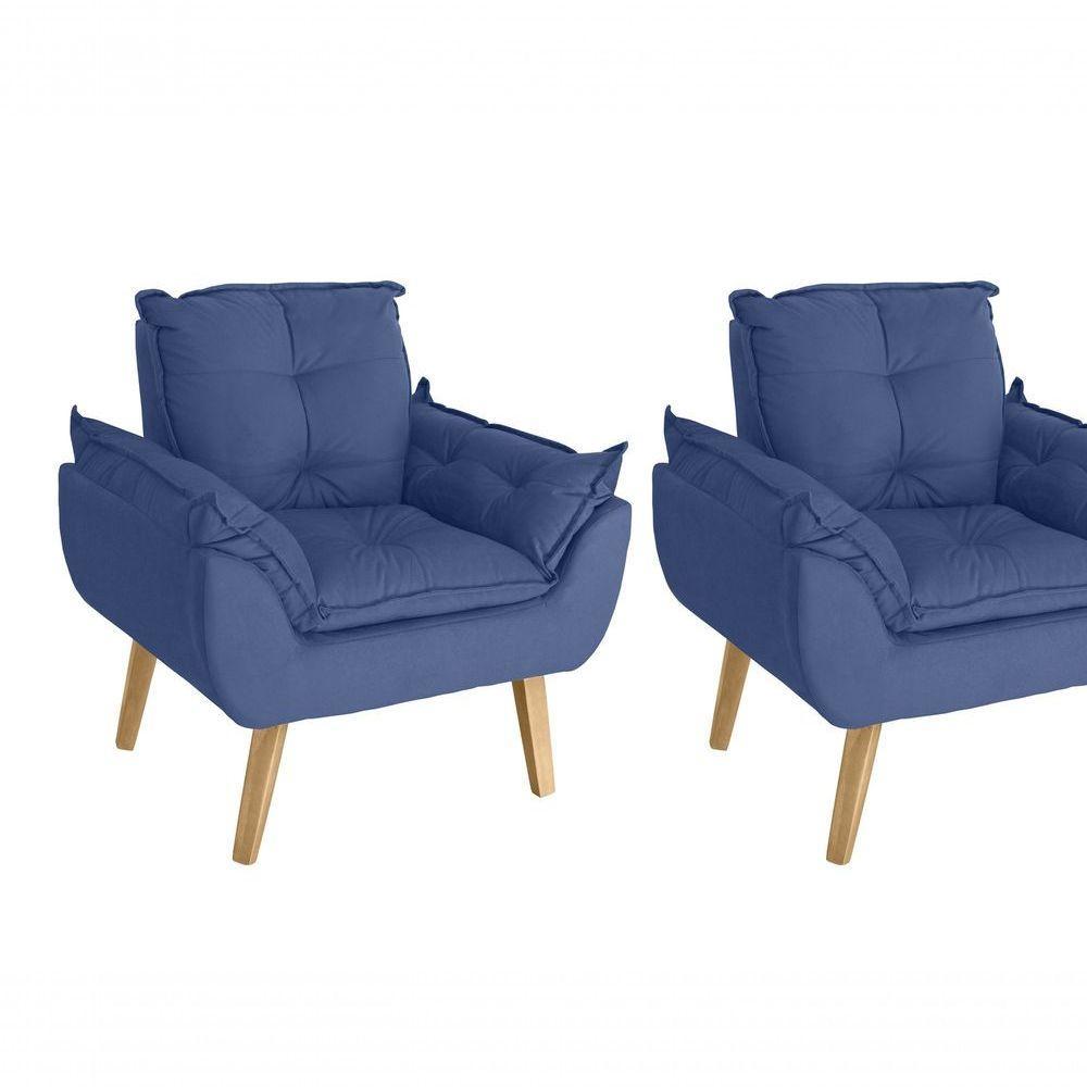 Kit 02 Poltrona/cadeira Decorativa E Puff Glamour Opala Com Pés Quadrado Azul Marinho - 3