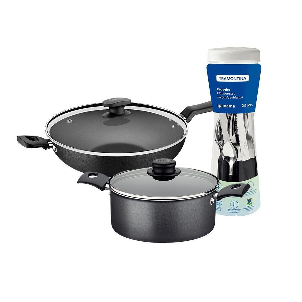 Caçarola Turim Alumínio Chumbo Antiaderente 2,8l + Faqueiro Ipanema 24pc + Wok Loreto 3,3l - 1