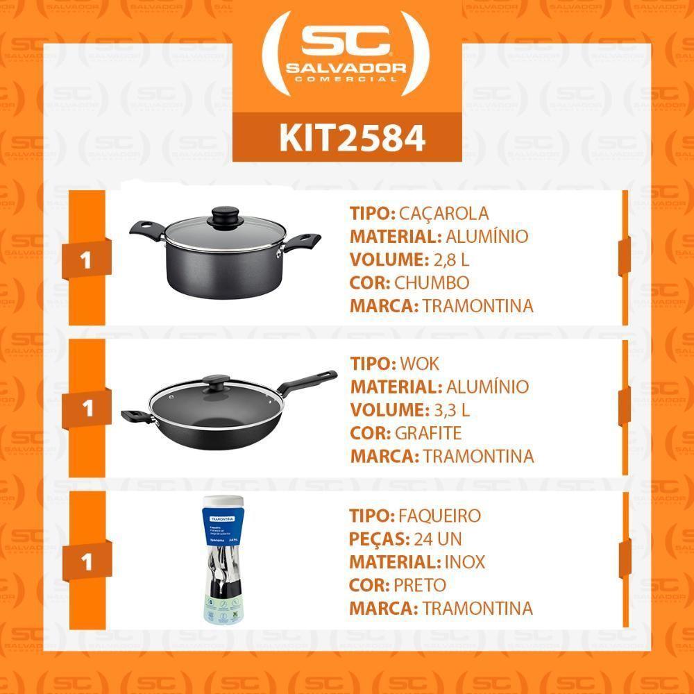 Caçarola Turim Alumínio Chumbo Antiaderente 2,8l + Faqueiro Ipanema 24pc + Wok Loreto 3,3l - 2