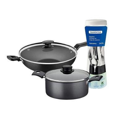 Caçarola Turim Alumínio Chumbo Antiaderente 2,8l + Faqueiro Ipanema 24pc + Wok Loreto 3,3l