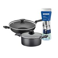 Caçarola Turim Alumínio Chumbo Antiaderente 2,8l + Faqueiro Ipanema Azul 24pc + Wok Loreto 3,3l - 1
