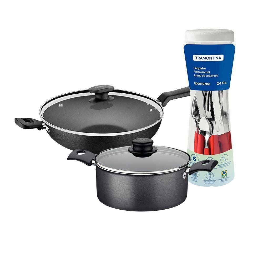 Caçarola Turim Alumínio Chumbo Antiaderente 2,8l + Faqueiro Ipanema Vermelho 24pc + Wok Loreto 3,3l - 1