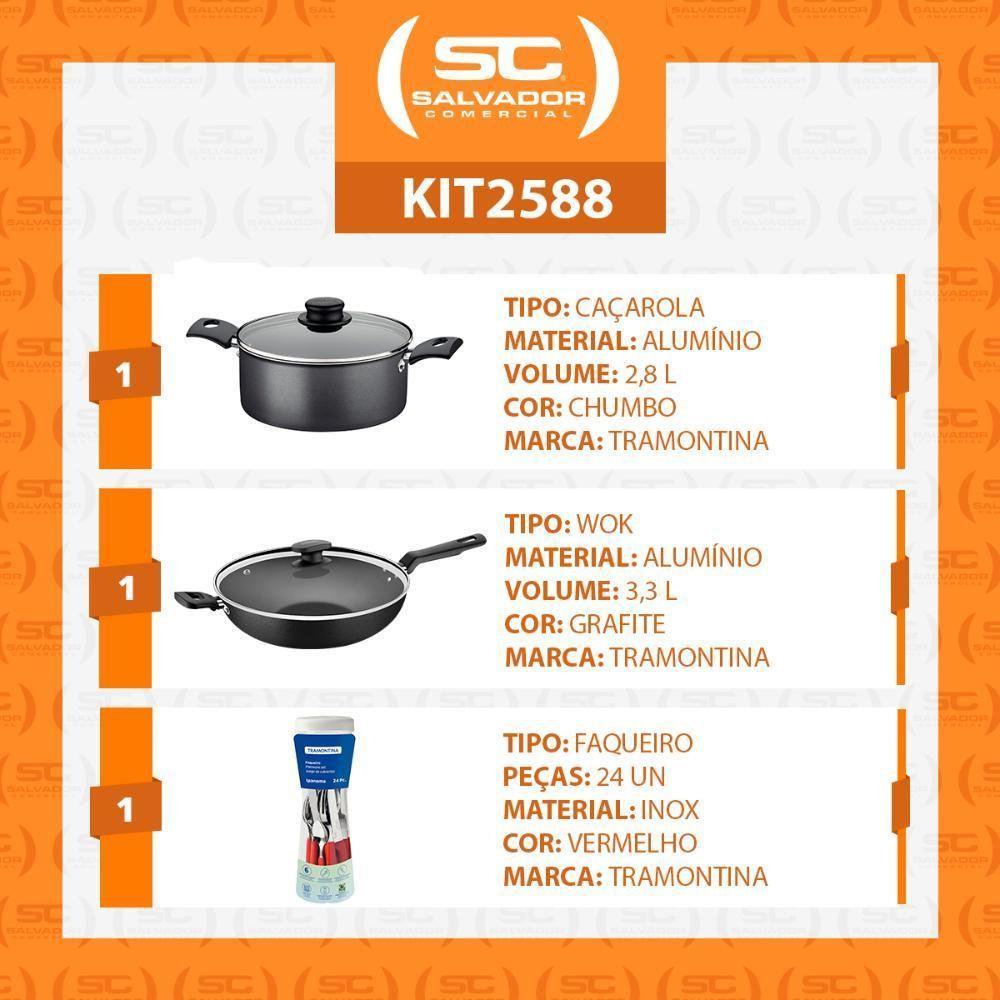 Caçarola Turim Alumínio Chumbo Antiaderente 2,8l + Faqueiro Ipanema Vermelho 24pc + Wok Loreto 3,3l - 8