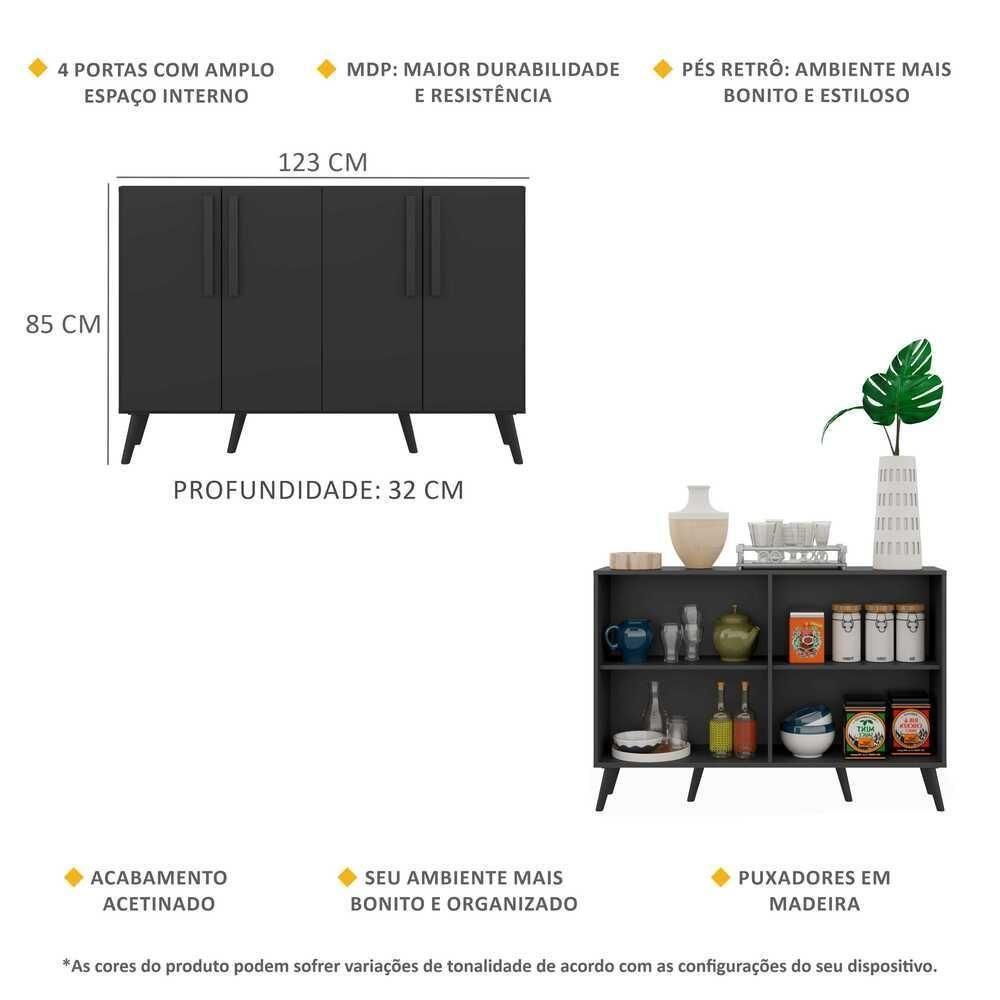 Aparador Buffet 4 Portas Retrô Viena V3606 Preto Preto - 6