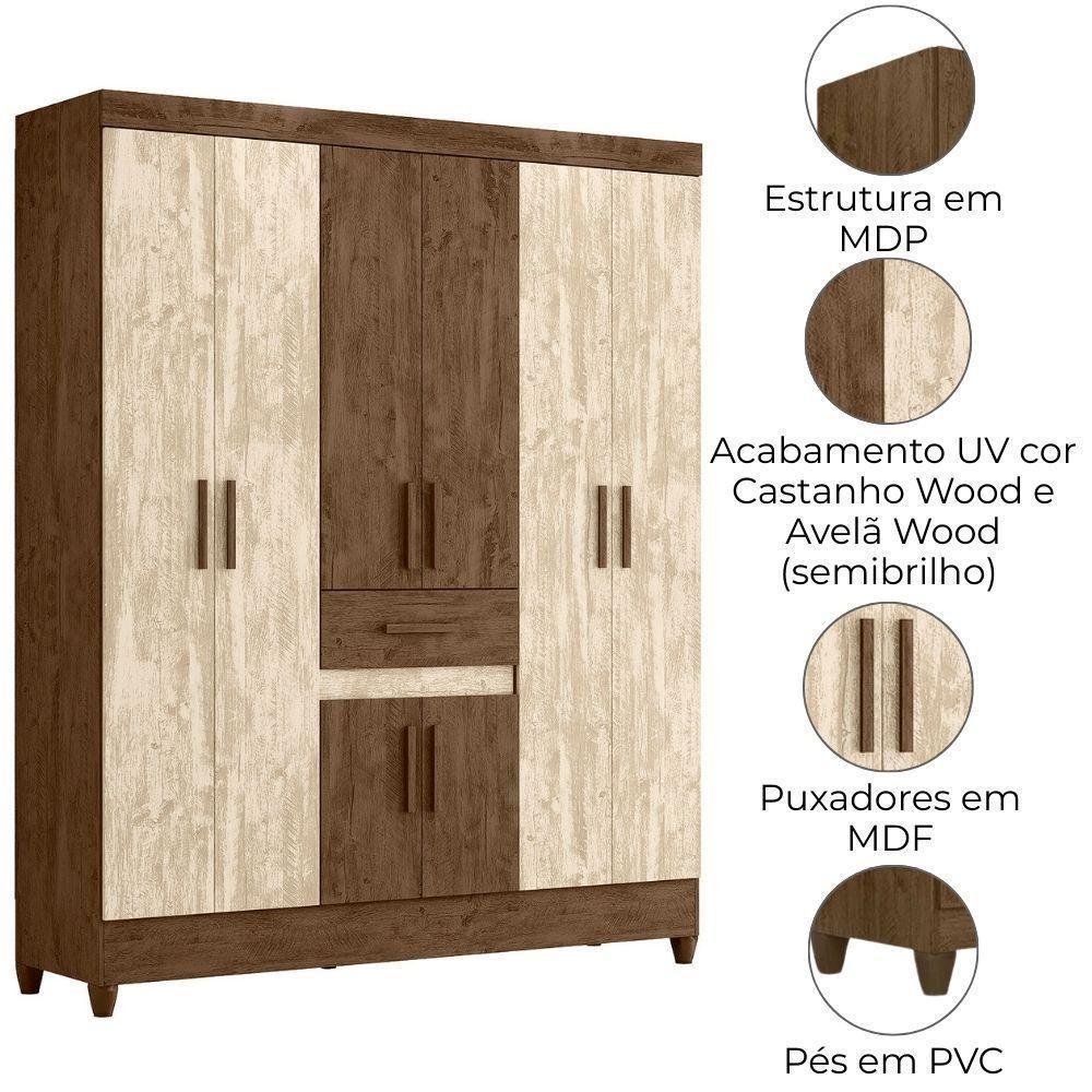 Guarda Roupa Casal 6 Portas 165 Cm Portugal Moval Castanho Wood Avela Wood - 4
