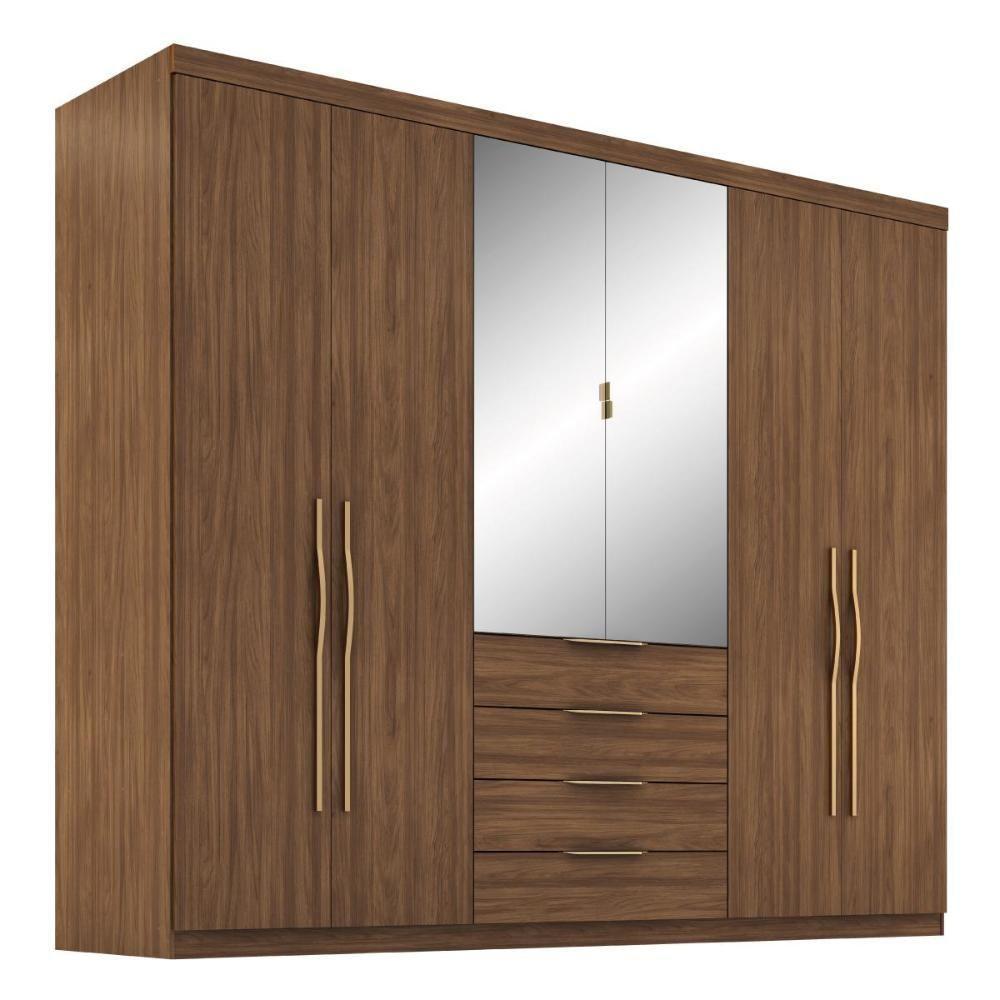 Guarda Roupa Casal Giardino 6 Portas 4 Gavetas Nogueira Touch Com Espelho - Demóbile Nogueira Touch - 1