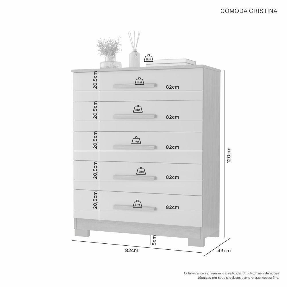 Cômoda Cristina 5 Gavetas Tampo De 18mm Pés Em Pvc Jcm Branco - 4