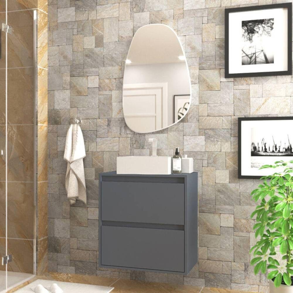 Gabinete Para Banheiro Com Cuba E Espelheira Organica 60cm Mdf Grafite Dubai - On Móveis - 1