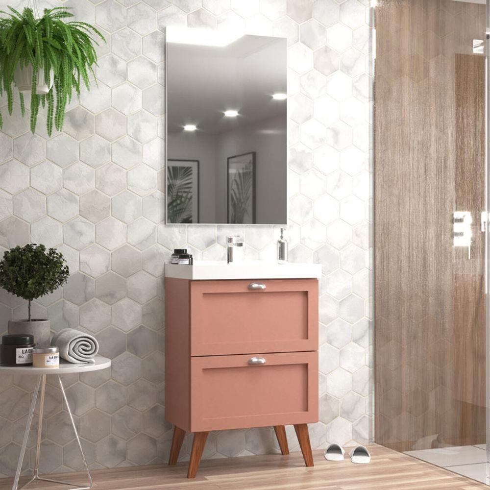 Gabinete Para Banheiro Com Cuba E Espelho 60cm Retro Mdf Rosa Milano - On Móveis - 1