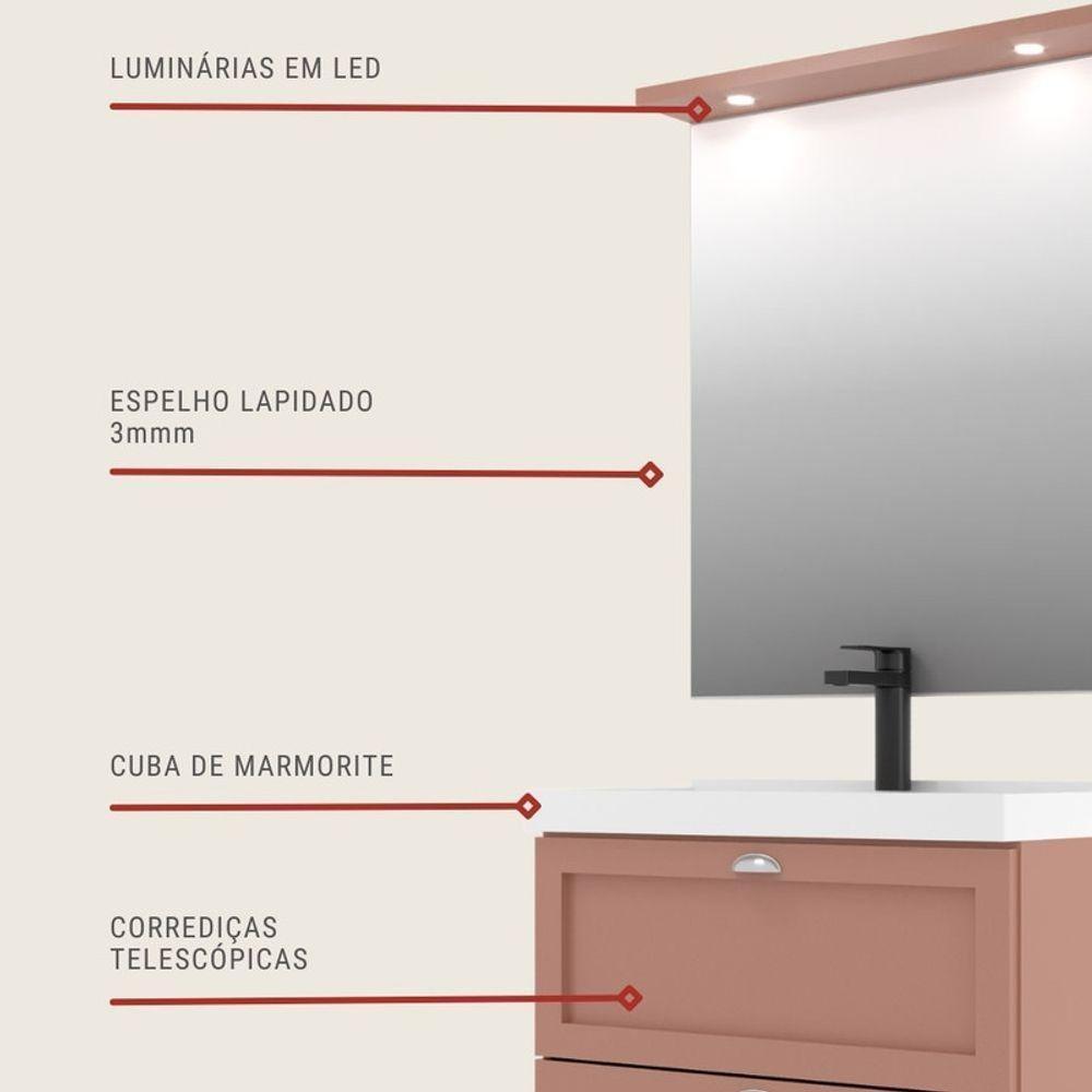 Gabinete Para Banheiro Com Cuba E Espelheira 80cm Retro Mdf Rosa Milano - On Móveis - 5