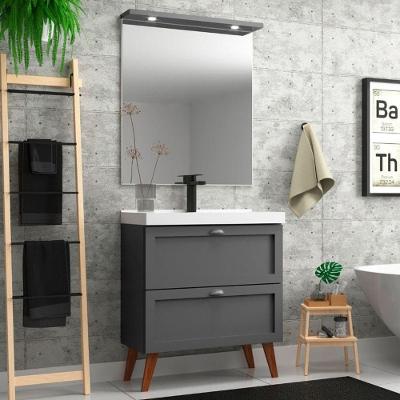 Gabinete Para Banheiro Com Cuba E Espelheira 80cm Retro Mdf Grafite Milano - On Móveis