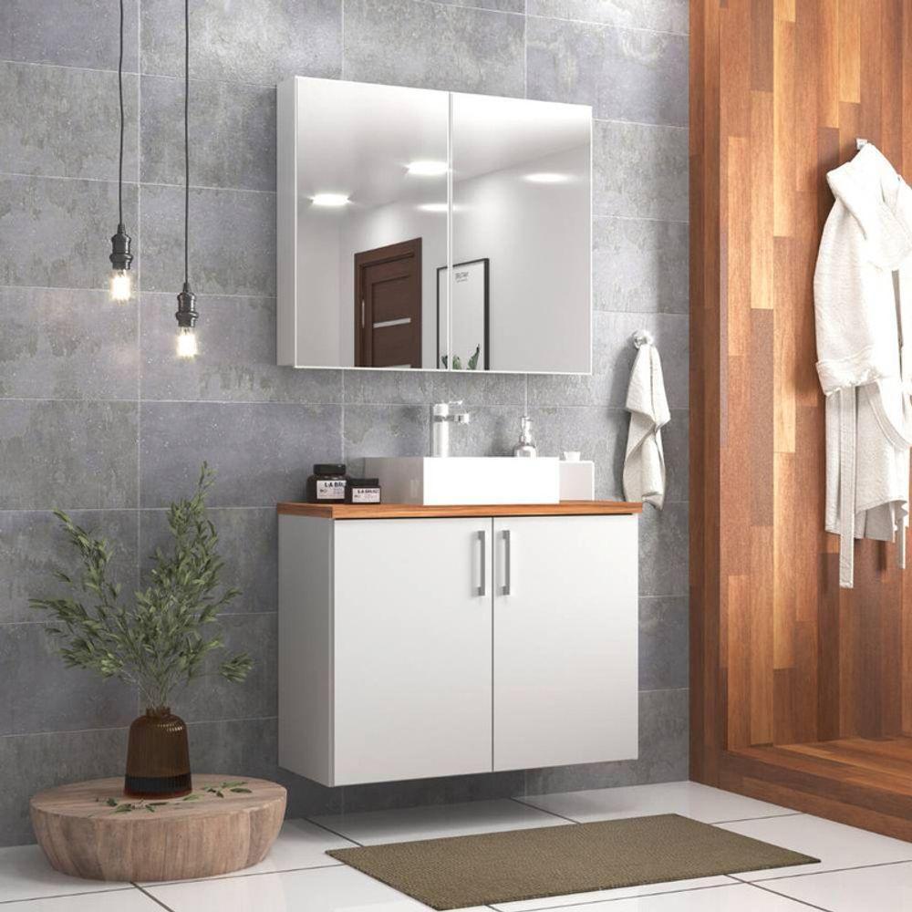 Gabinete Para Banheiro Com Cuba E Armario 80cm Mdf Freijo Com Branco Paris - On Móveis - 1
