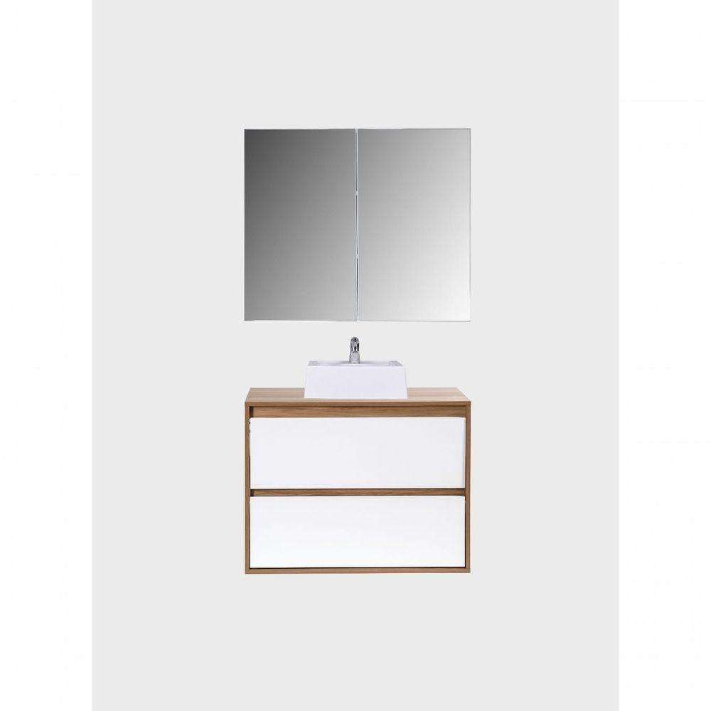 Gabinete Para Banheiro Com Cuba E Armario 80cm Mdf Freijo Com Branco Dubai - On Móveis - 7