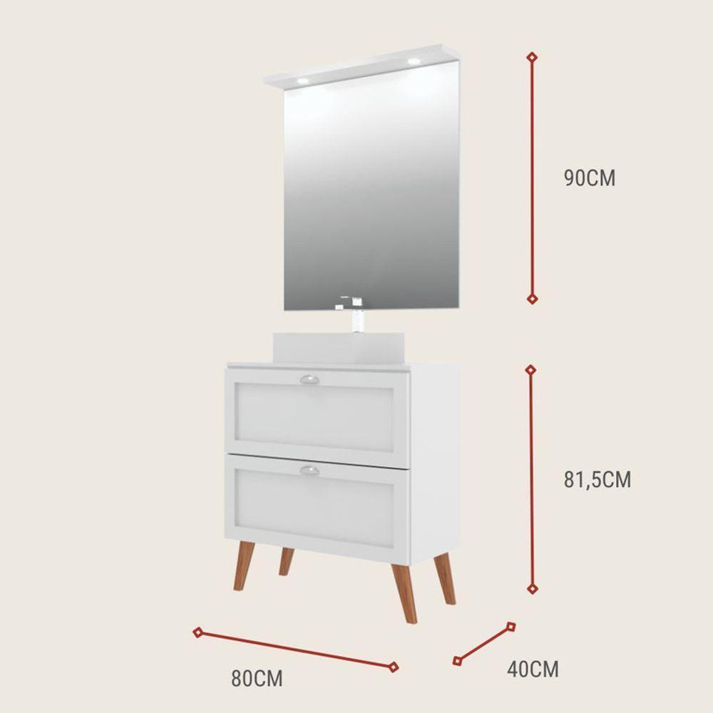 Gabinete Para Banheiro Com Tampo Cuba E Espelheira 80cm Retro Mdf Branco Milano - On Móveis - 5