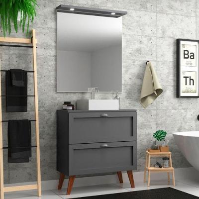 Gabinete Para Banheiro Com Tampo Cuba E Espelheira 80cm Retro Mdf Grafite Milano - On Móveis