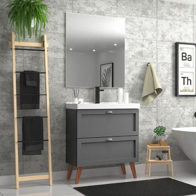 Gabinete Para Banheiro Com Cuba E Espelho 80cm Retro Mdf Grafite Milano - On Móveis